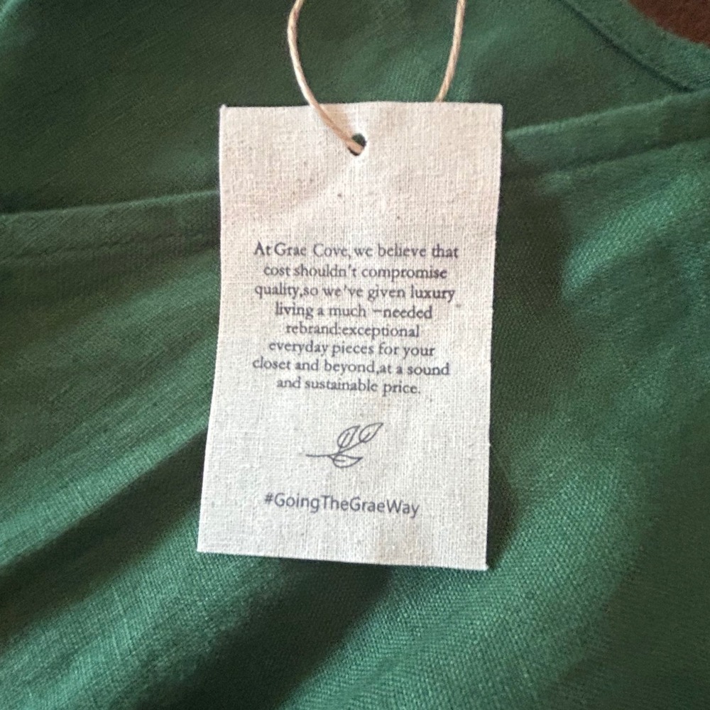 Grae Cove Wrap Dress Med Large Green 100% Linen Midi Pockets Minimalist Boutique - Picture 3 of 7
